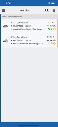 Tela do aplicativo de monitoramento com a lista de veículos